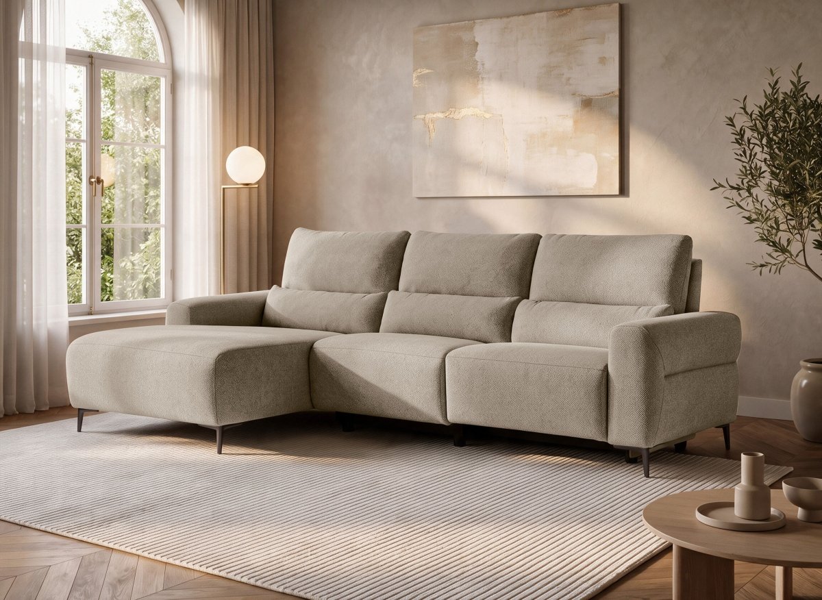 Canapé d'angle relax électrique en tissu taupe RAFAELA - Angle gauche - DécoInParis