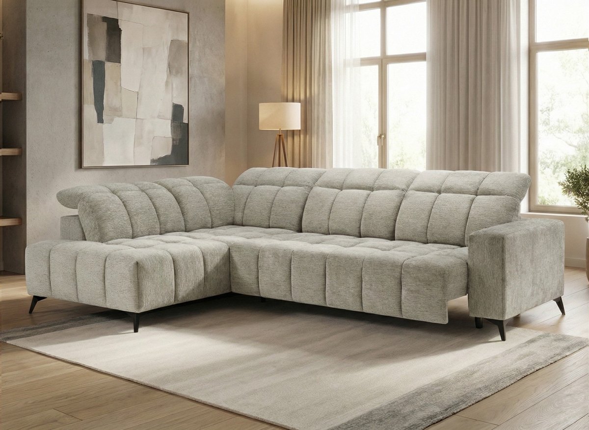 Canapé d'angle relax électrique en velours chiné beige ALVAR - Angle gauche - DécoInParis