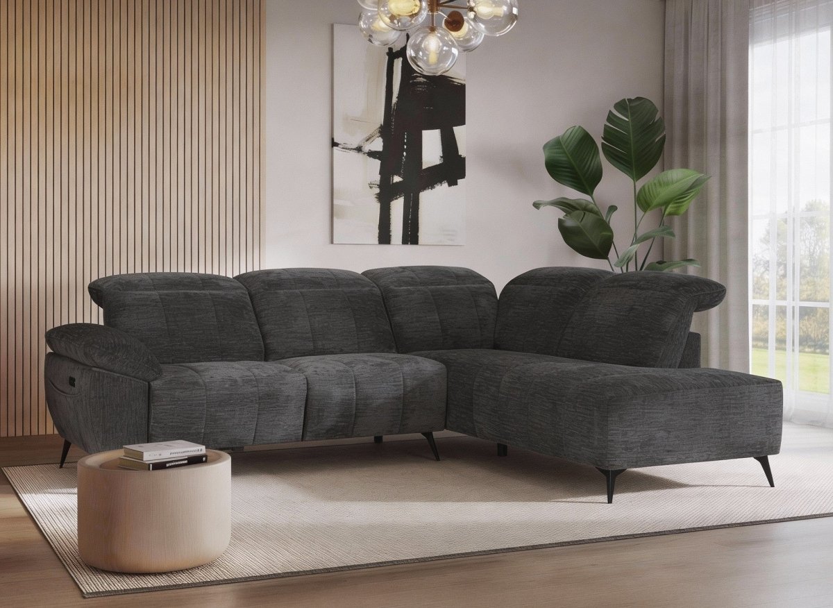 Canapé d'angle relax électrique en velours chiné gris SOLINA - Angle droit - DécoInParis