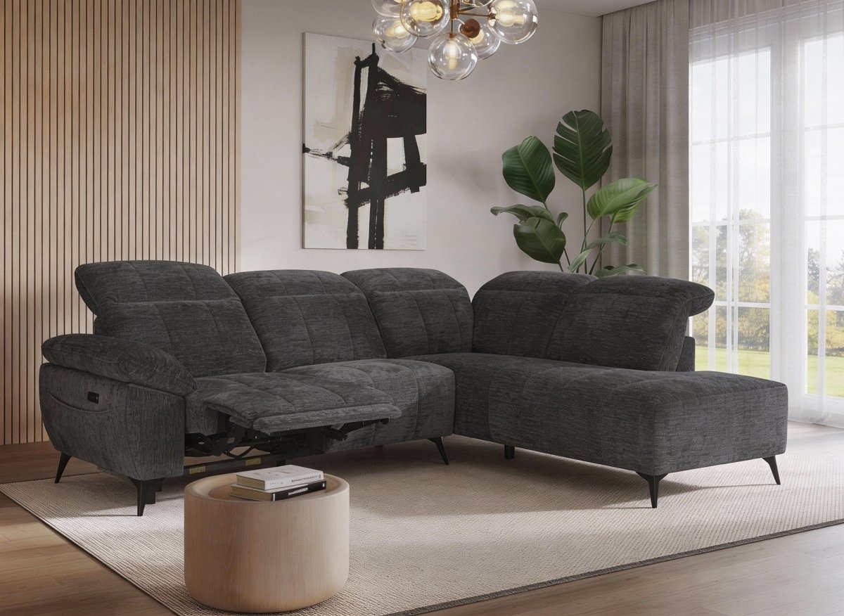 Canapé d'angle relax électrique en velours chiné gris SOLINA - Angle droit - DécoInParis