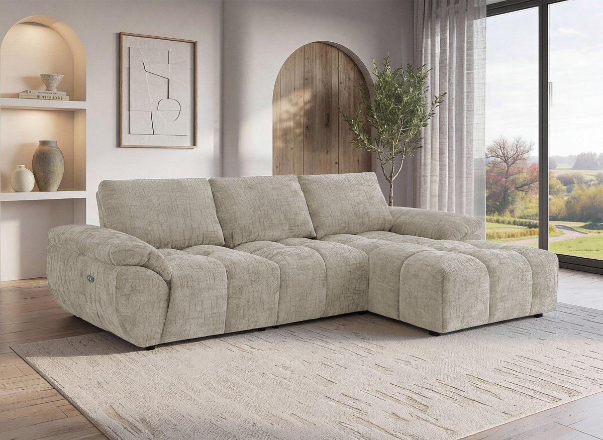 Canapé d’angle relax électrique en velours chiné taupe ALPES - Angle droit - DécoInParis