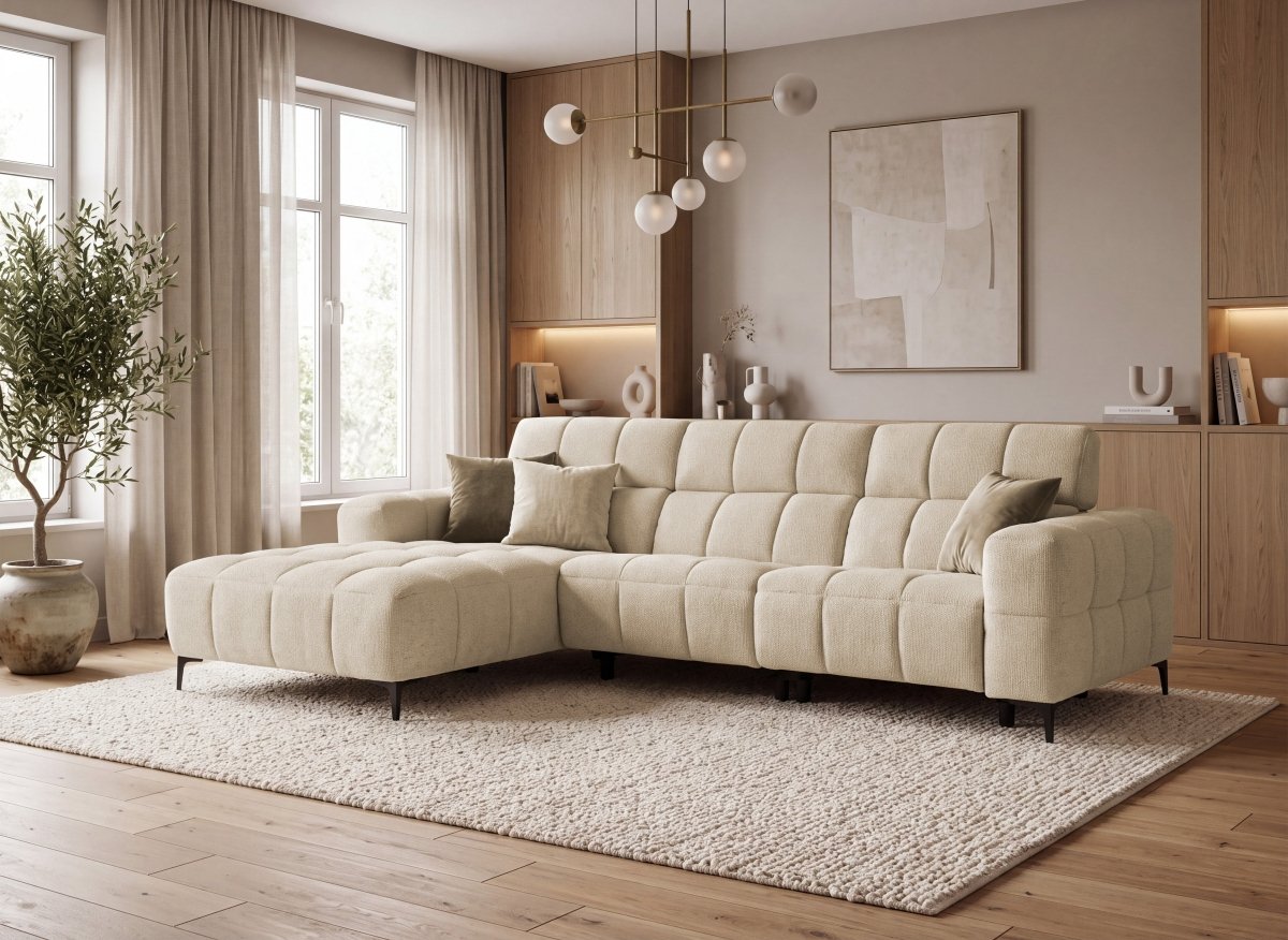 Canapé d'angle relax électrique en velours texturé taupe EDELMIRA - Angle gauche - DécoInParis