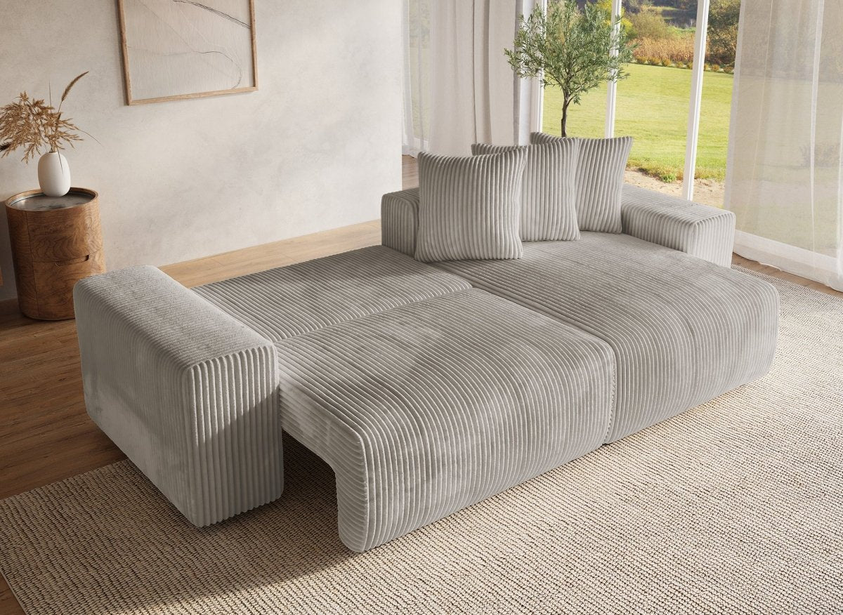 Canapé d'angle réversible convertible avec coffre en velours côtelé épais taupe NOELIA - DécoInParis