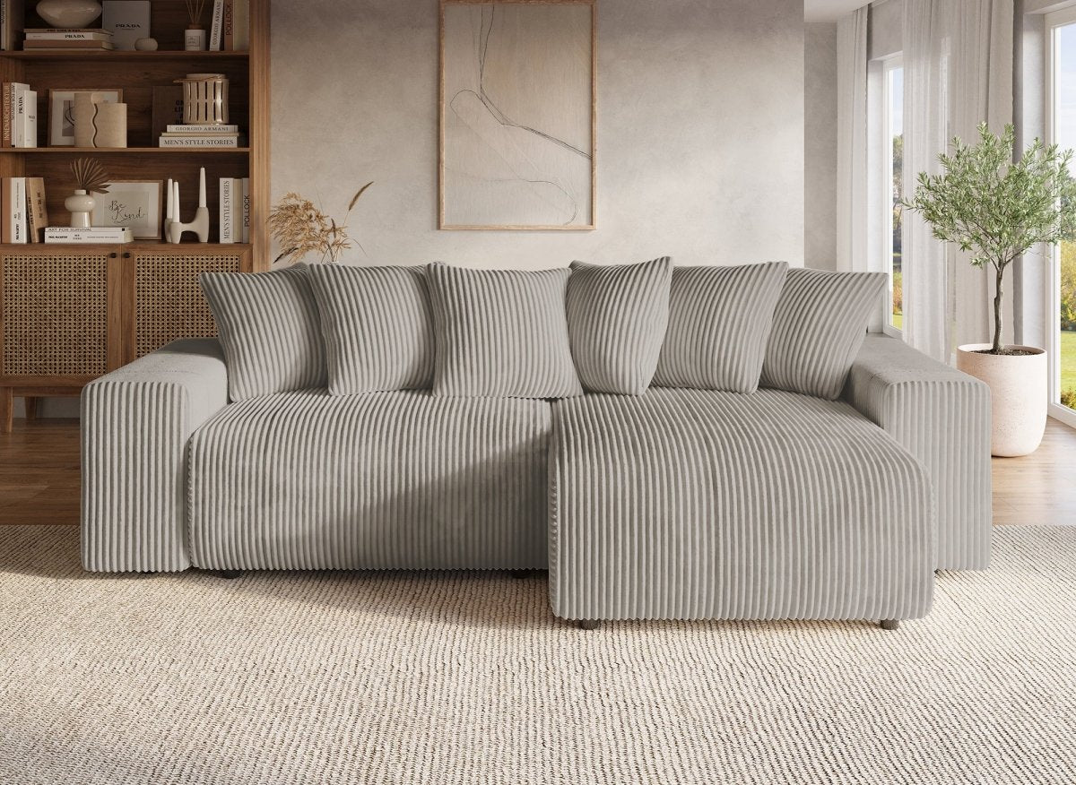 Canapé d'angle réversible convertible avec coffre en velours côtelé épais taupe NOELIA - DécoInParis