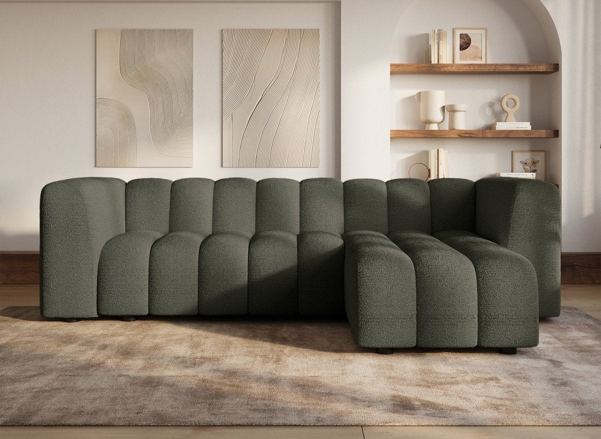 Canapé d'angle réversible en tissu bouclette vert AELIS - DécoInParis