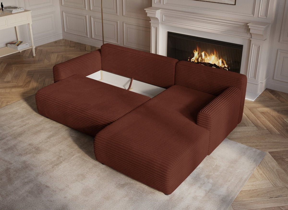 Canapé d'angle réversible et convertible avec coffre en velours côtelé épais terracotta KATIA - DécoInParis