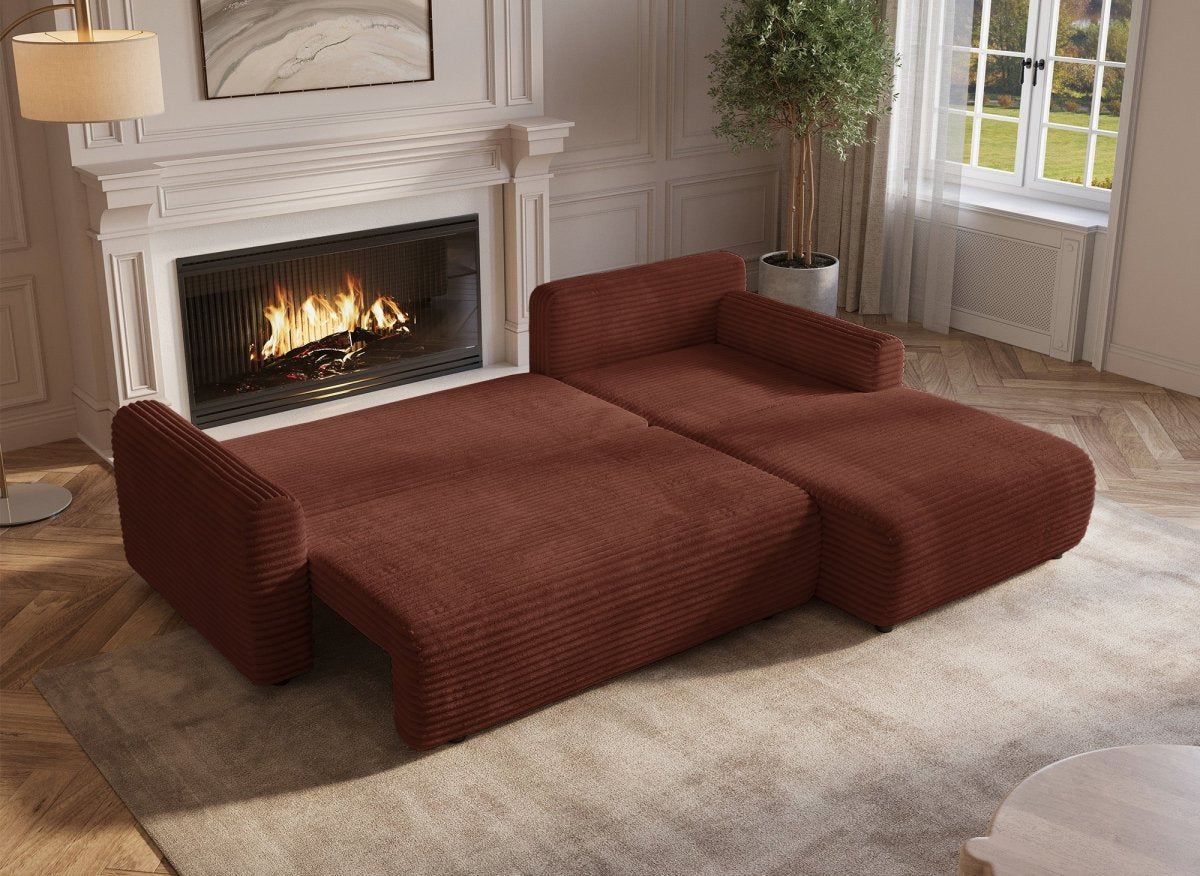 Canapé d'angle réversible et convertible avec coffre en velours côtelé épais terracotta KATIA - DécoInParis