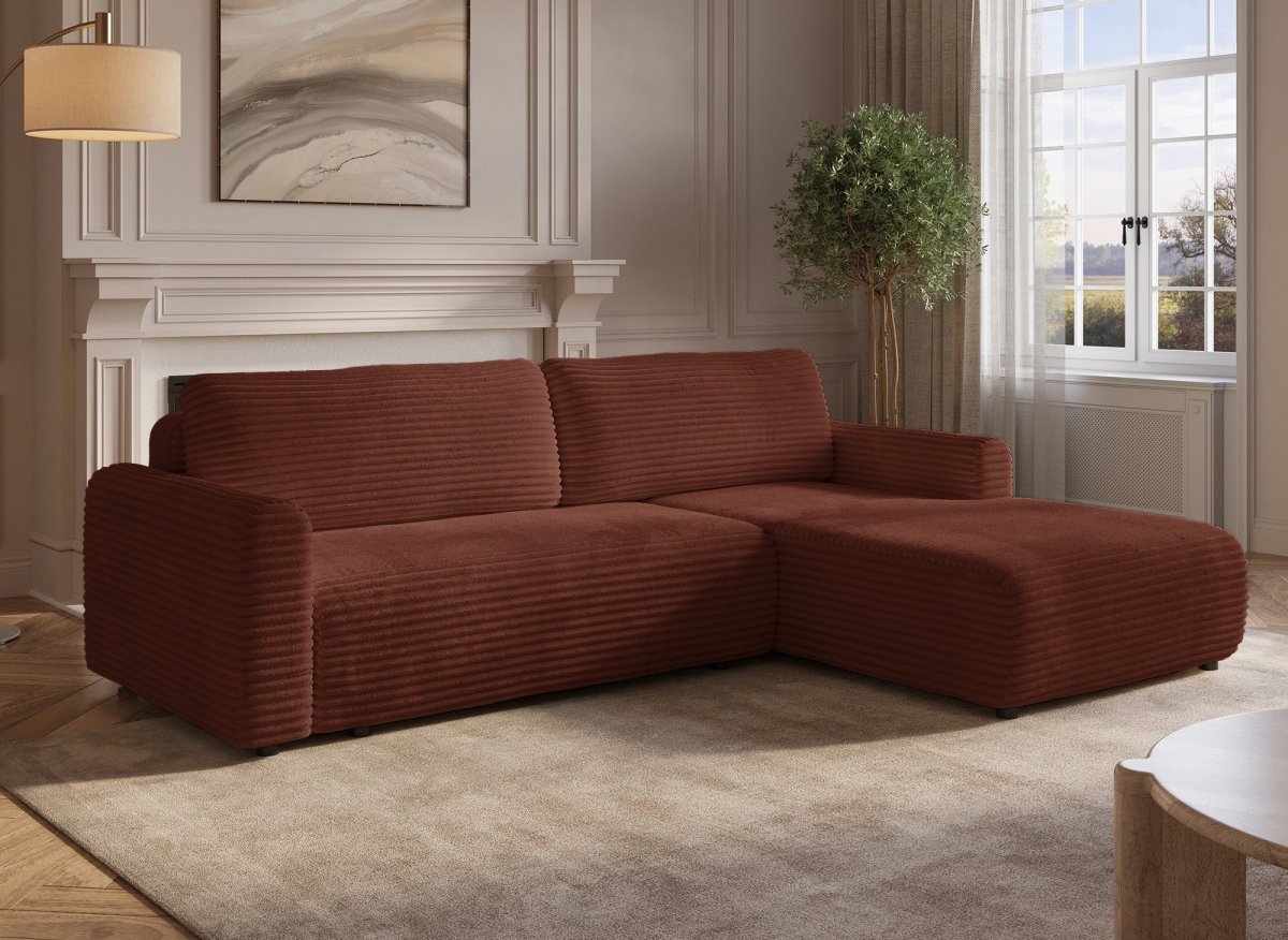 Canapé d'angle réversible et convertible avec coffre en velours côtelé épais terracotta KATIA - DécoInParis