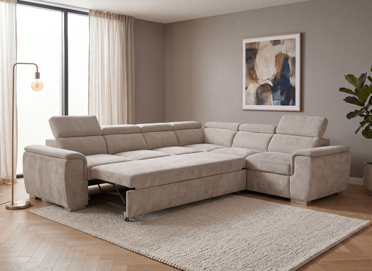 Canapé panoramique convertible avec coffre en velours chiné beige GAELLE - Angle gauche - DécoInParis