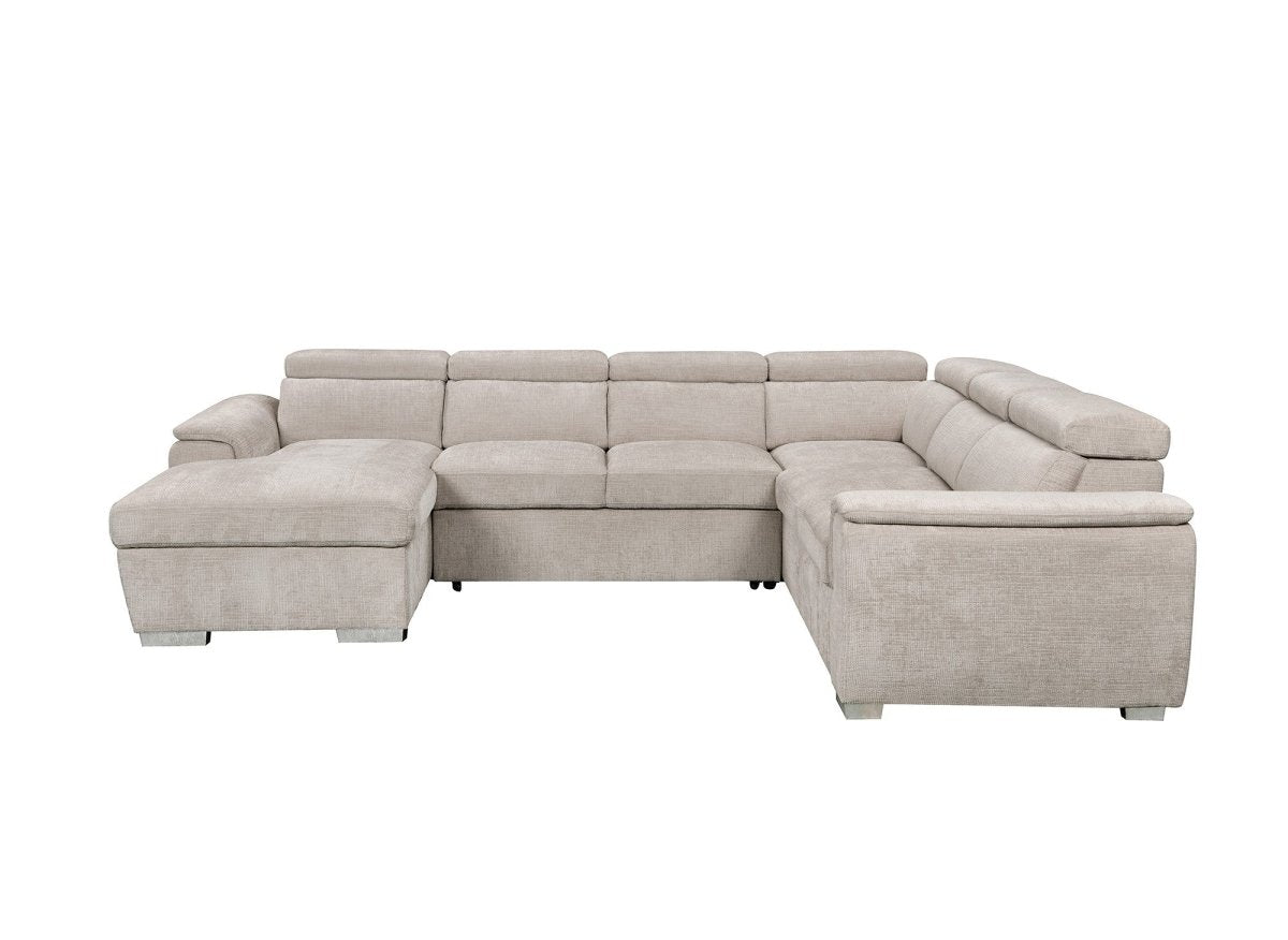 Canapé panoramique convertible avec coffre en velours chiné beige GAELLE - Angle gauche - DécoInParis