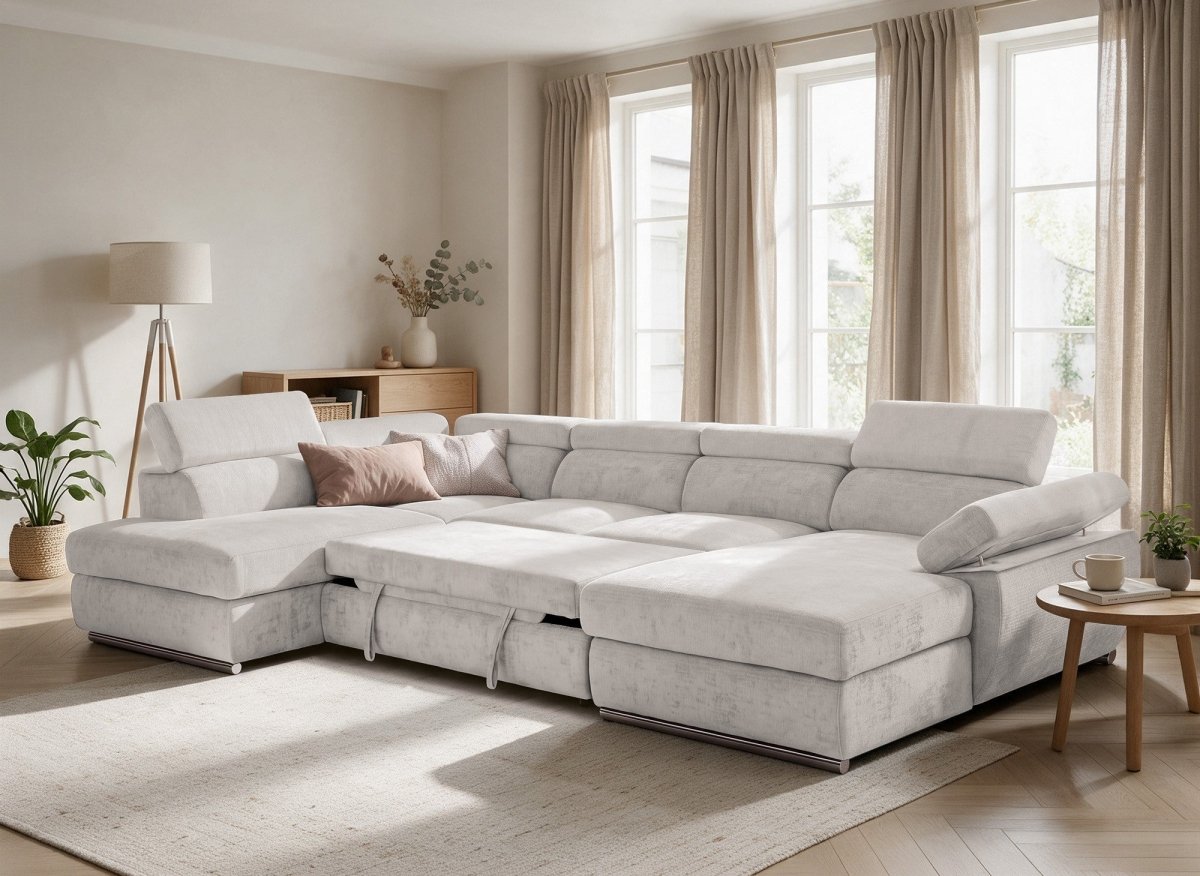 Canapé panoramique convertible avec coffre en velours chiné beige MARIANO- Angle droit - DécoInParis