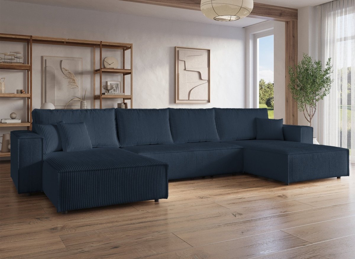 Canapé panoramique convertible avec coffre en velours cotelé bleu foncé - JADE - DécoInParis