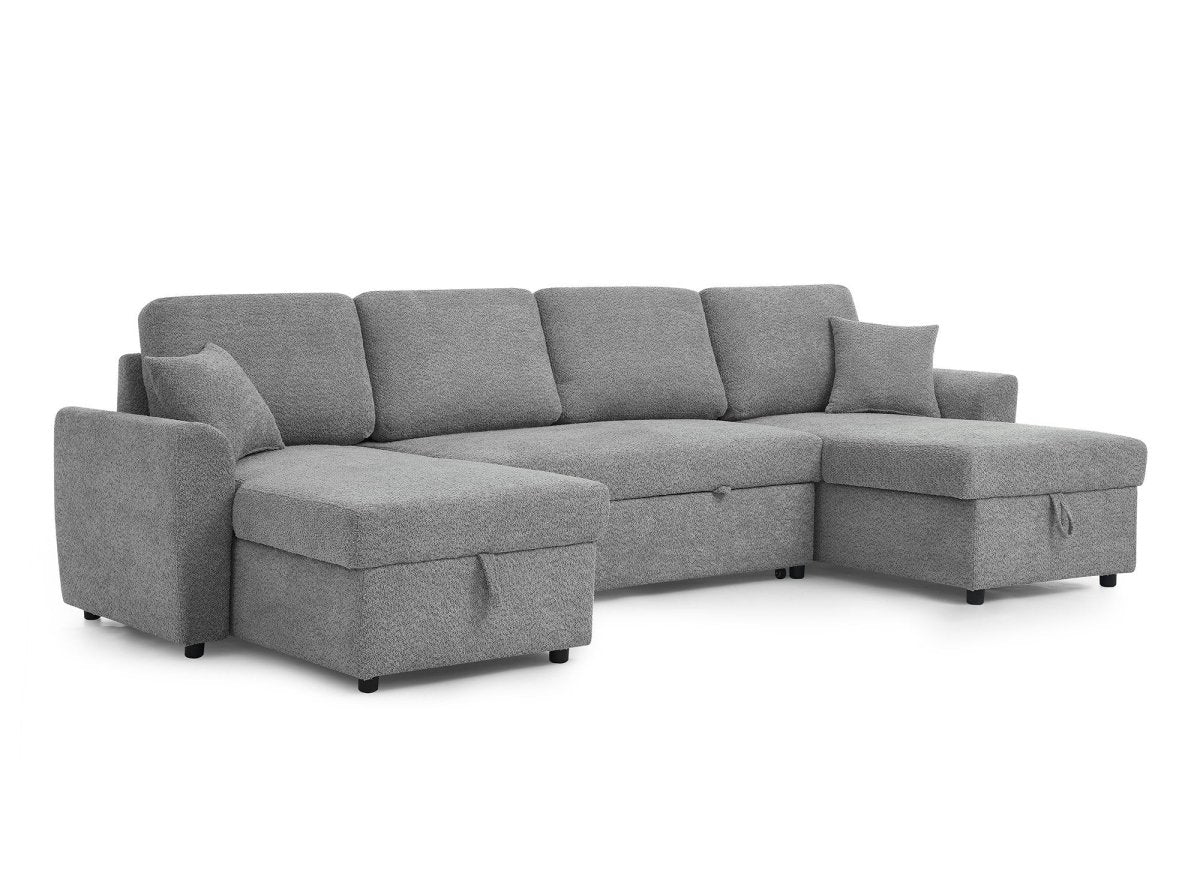 Canapé panoramique convertible avec coffres en tissu bouclette gris ADRYEN - DécoInParis