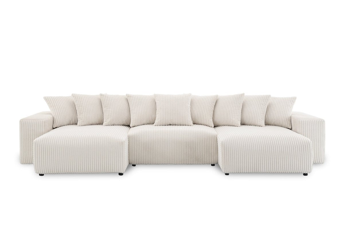 Canapé panoramique réversible convertible avec coffre en velours côtelé épais beige NOELIA - DécoInParis