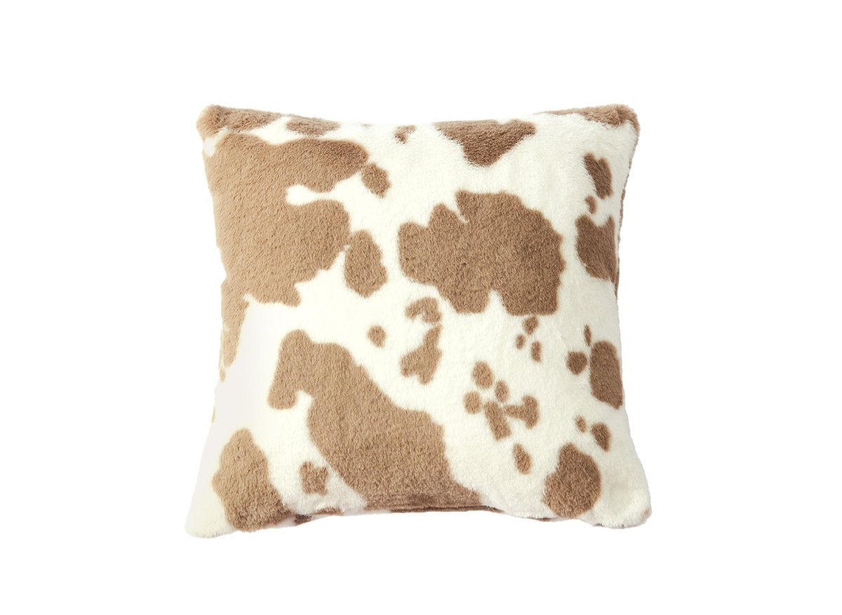 Coussin carré 45x45 cm en tissu poils effet peau de vache taupe et blanc SAKINA - DécoInParis