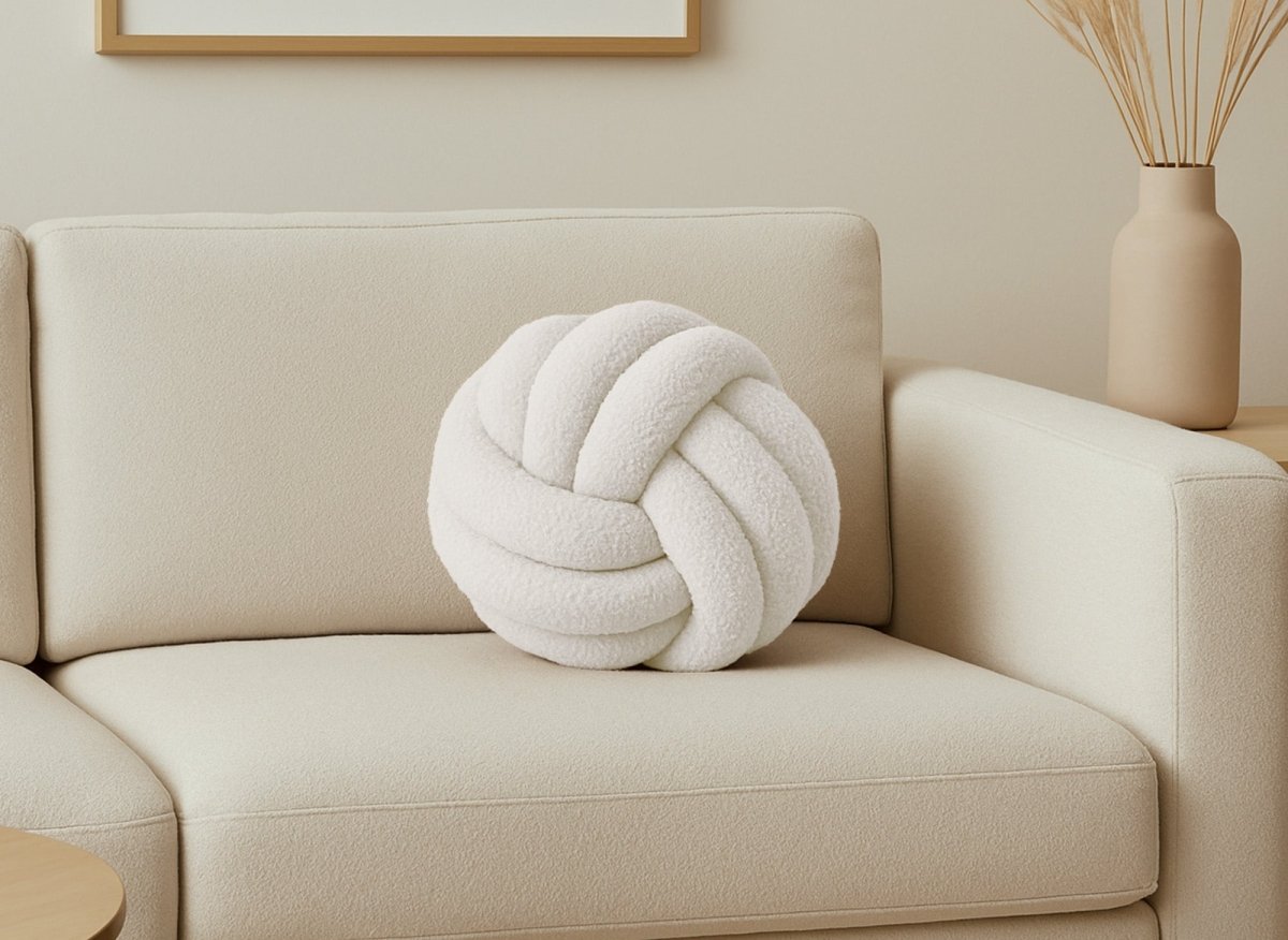 Coussin rond décoratif boule de nœud en effet peau de mouton blanc écru NODUS - DécoInParis