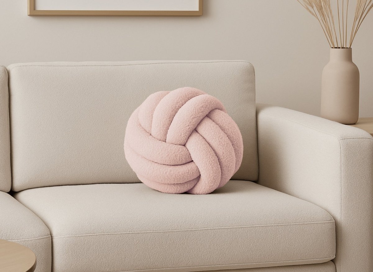 Coussin rond décoratif boule de nœud en effet peau de mouton rose NODUS - DécoInParis