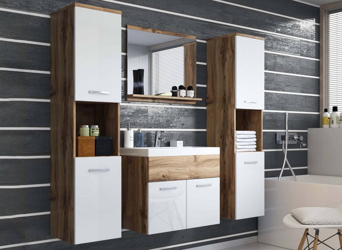 Ensemble meubles salle de bain suspendu XL - Bois et blanc HARMONY - DécoInParis