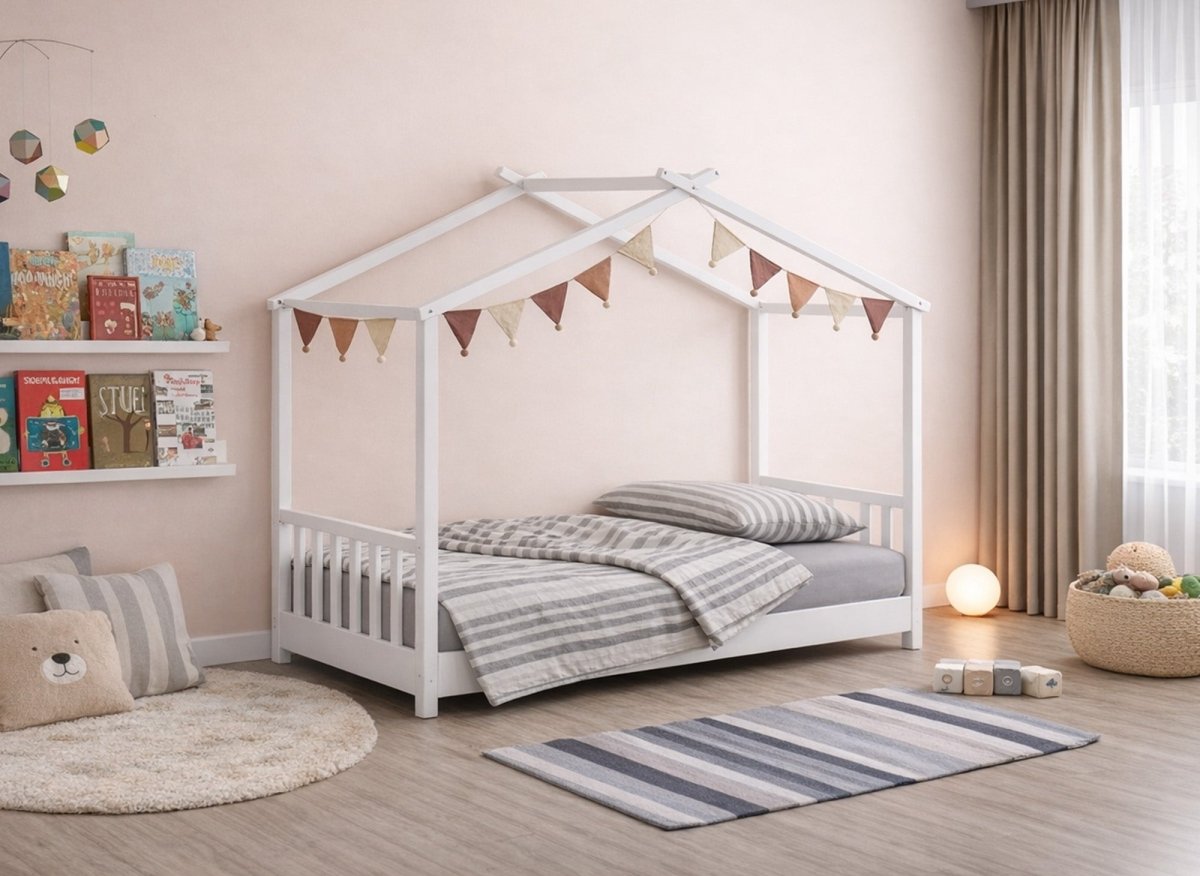 Lit cabane avec barreaux en bois blanc 90 x 190 cm NIDOU - DécoInParis