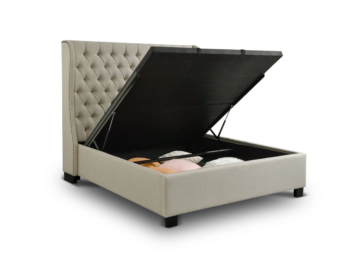 Lit coffre capitonné en tissu lin beige FLORINE 180 x 200 cm - DécoInParis