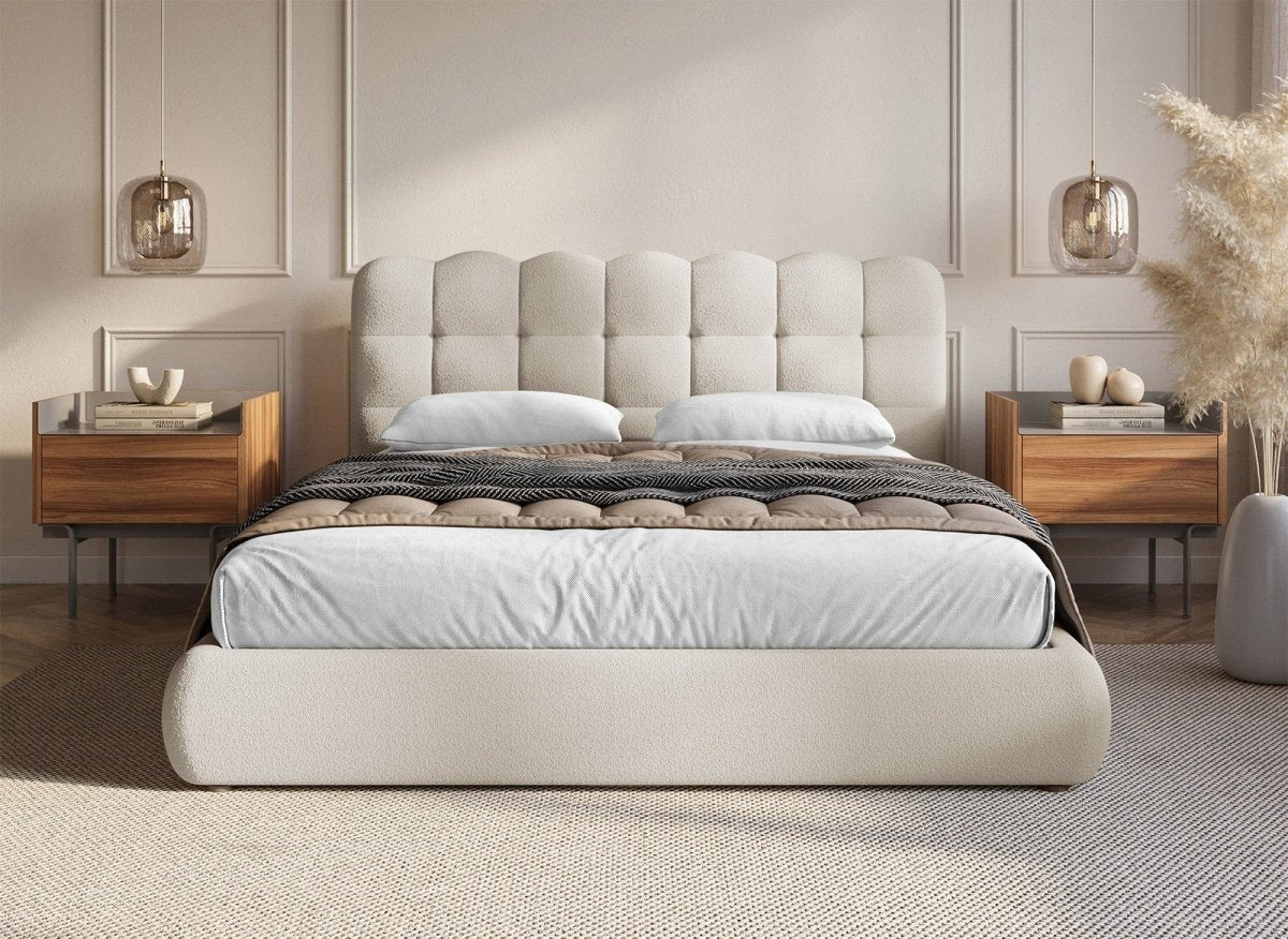 Lit coffre en tissu bouclette beige 160x200 cm BISCUIT - DécoInParis