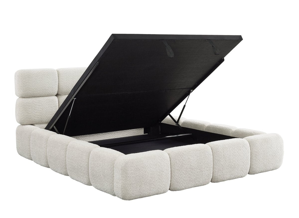 Lit coffre en tissu bouclette beige 160x200 cm BUBBLE - DécoInParis