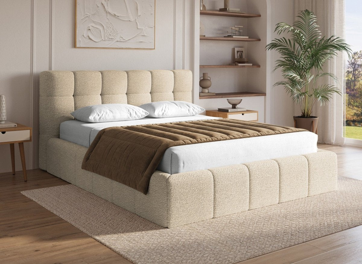 Lit coffre en tissu bouclette beige 160x200 cm MILIE - DécoInParis