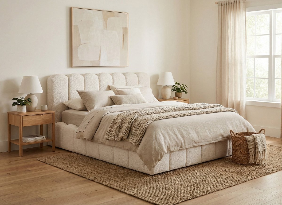 Lit coffre en tissu bouclette beige 160x200 cm RITA - DécoInParis