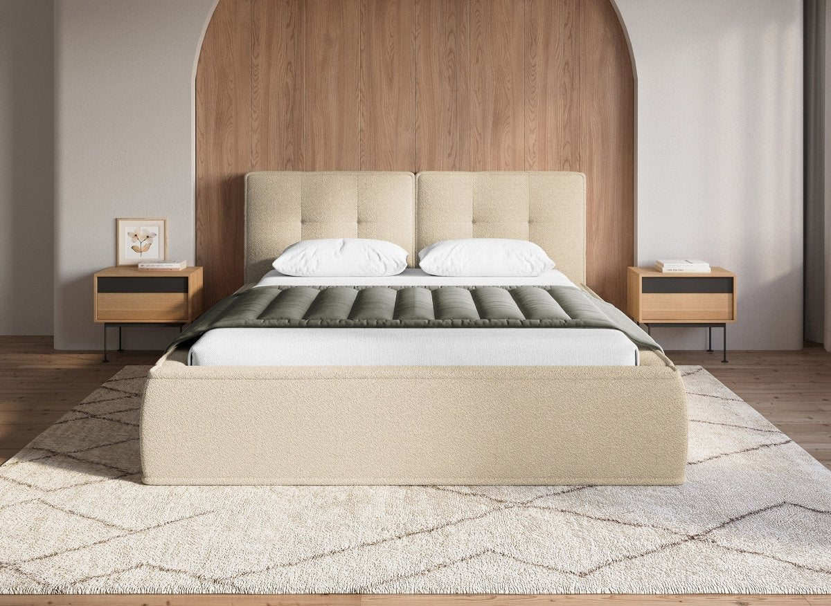 Lit coffre en tissu bouclette beige 160x200cm YUNA - DécoInParis