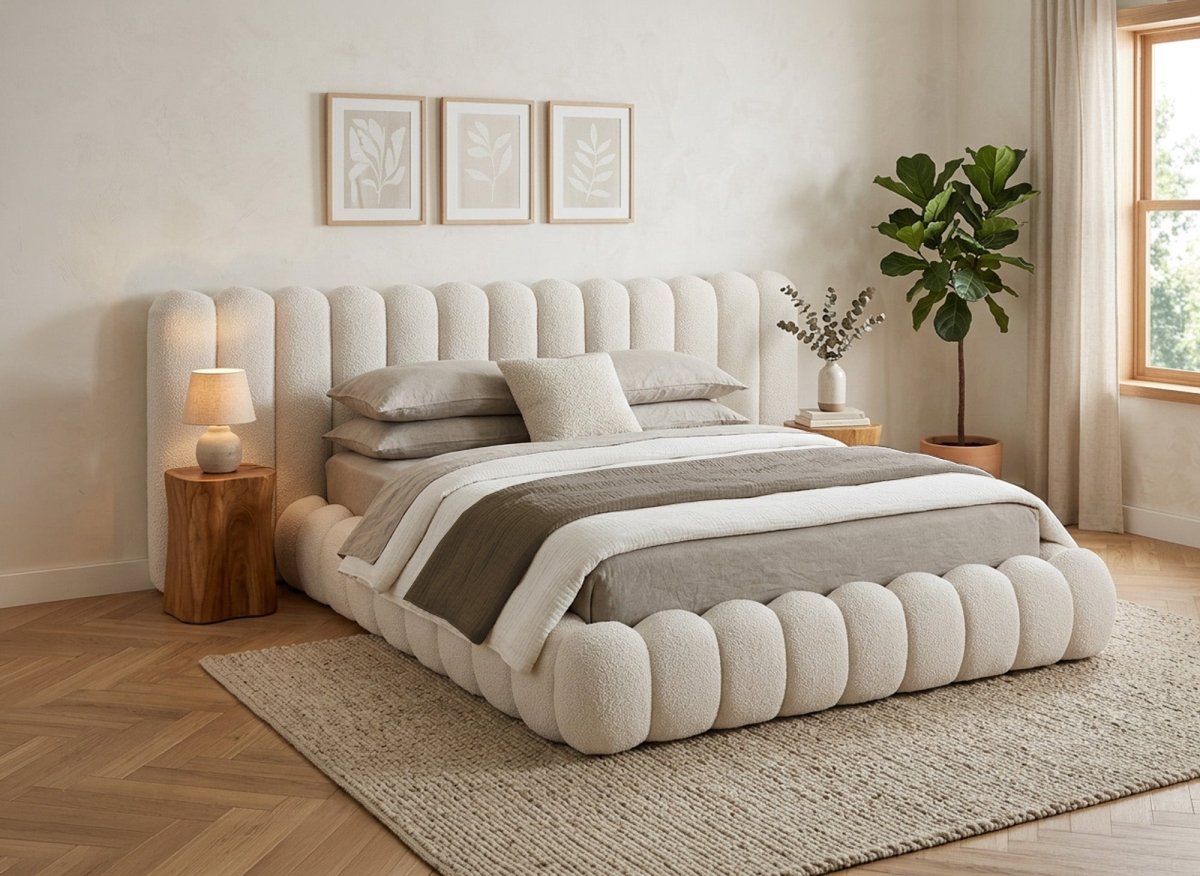 Lit coffre en tissu bouclette beige 180x200 cm GRETA - DécoInParis