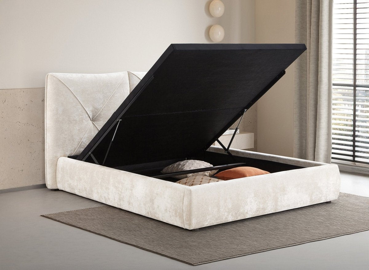 Lit coffre en tissu bouclette doux beige 140x190 cm NOAH - DécoInParis