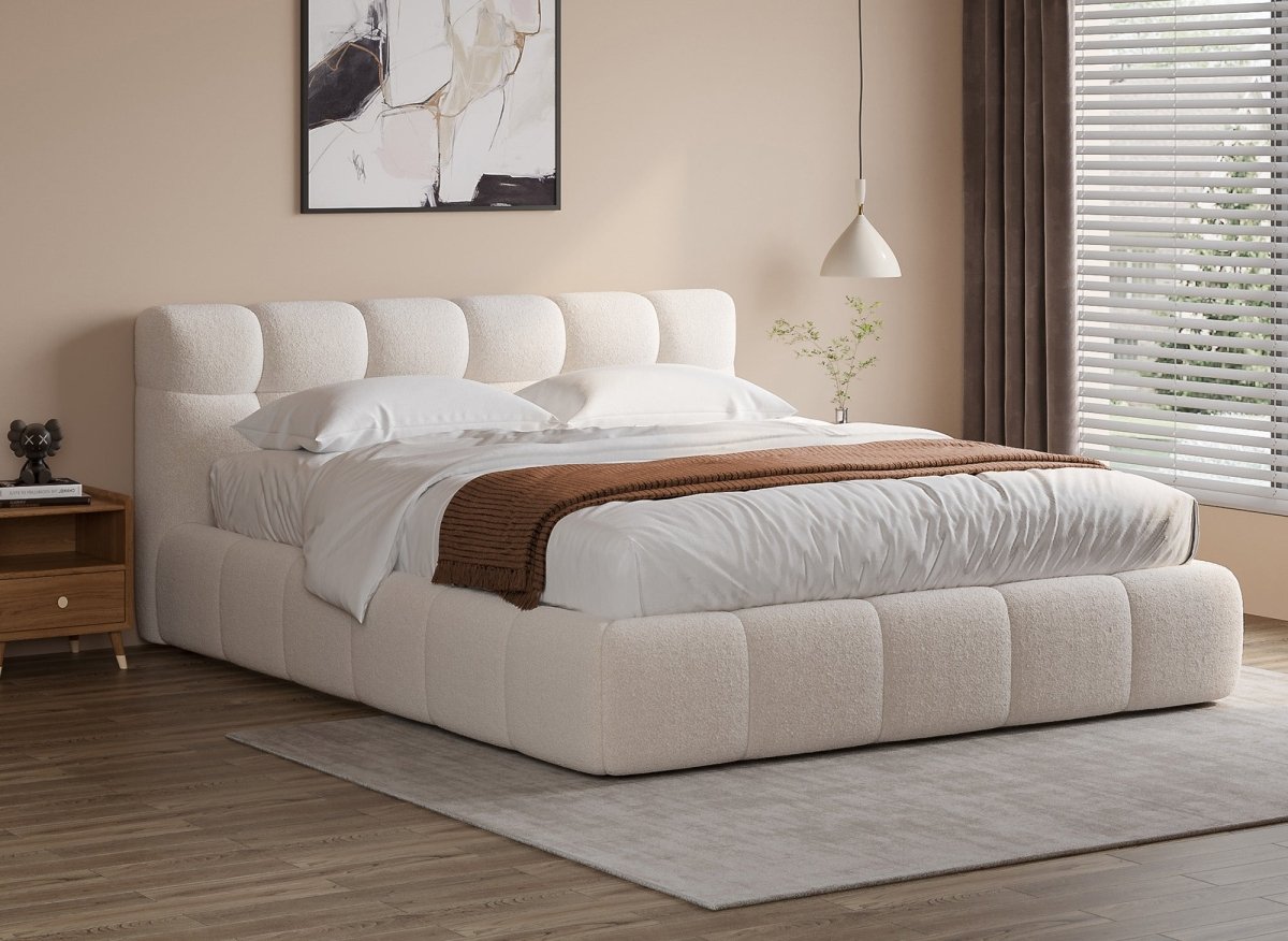 Lit coffre en tissu bouclette écru 140x190 cm GEORGINA - DécoInParis