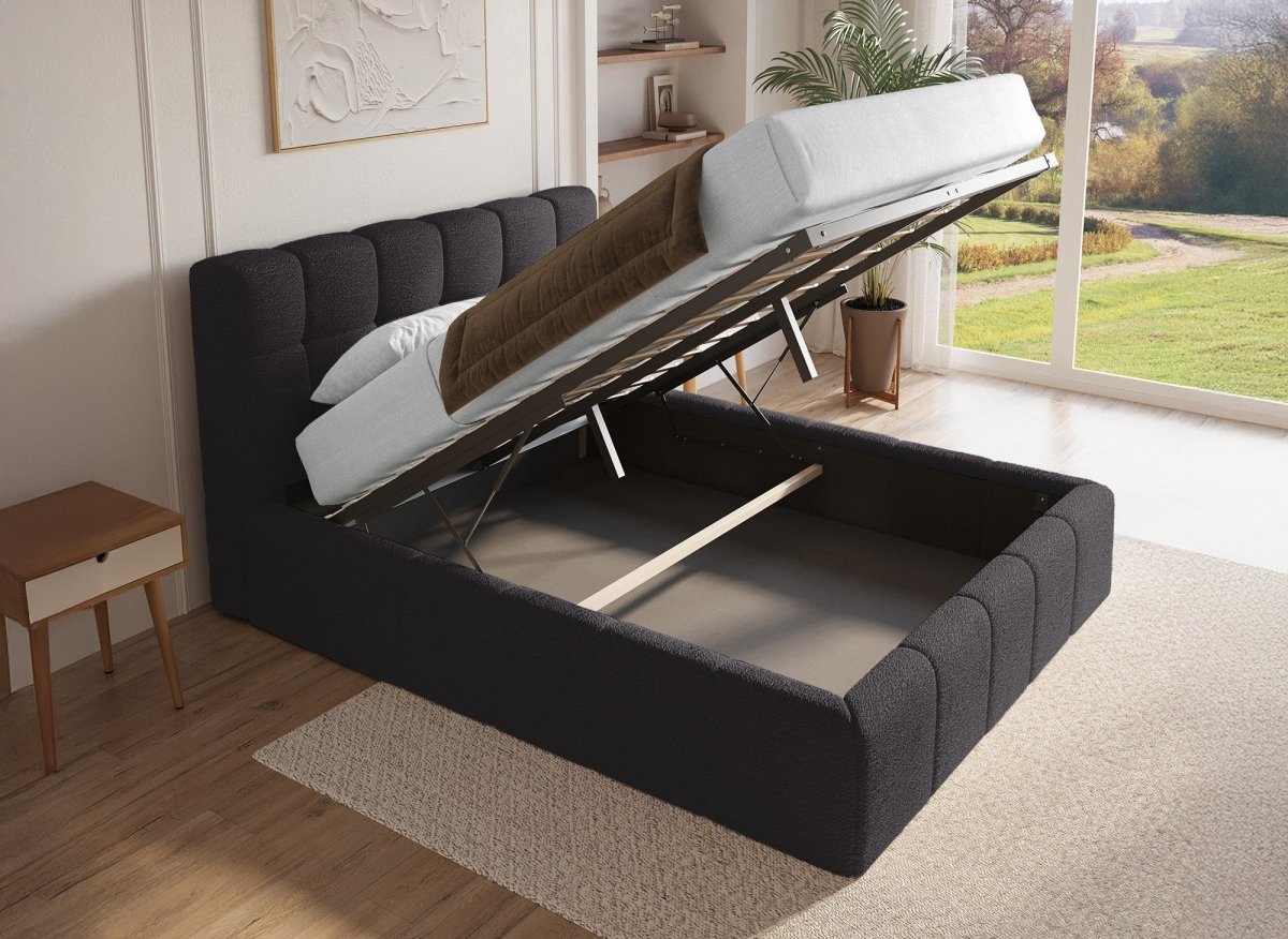 Lit coffre en tissu bouclette gris 140x190 cm MILIE - DécoInParis