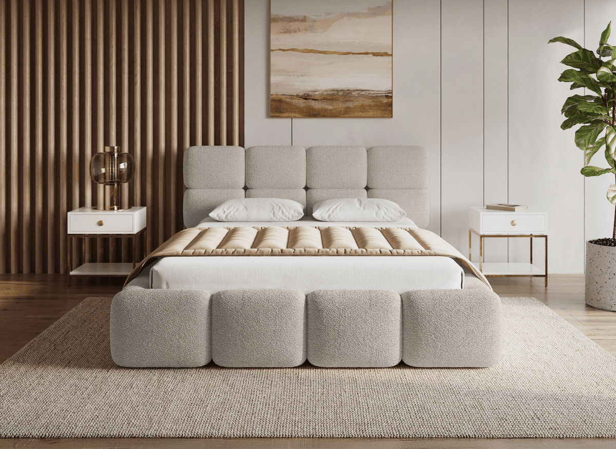 Lit coffre en tissu bouclette taupe 140x190 cm BUBBLE - DécoInParis
