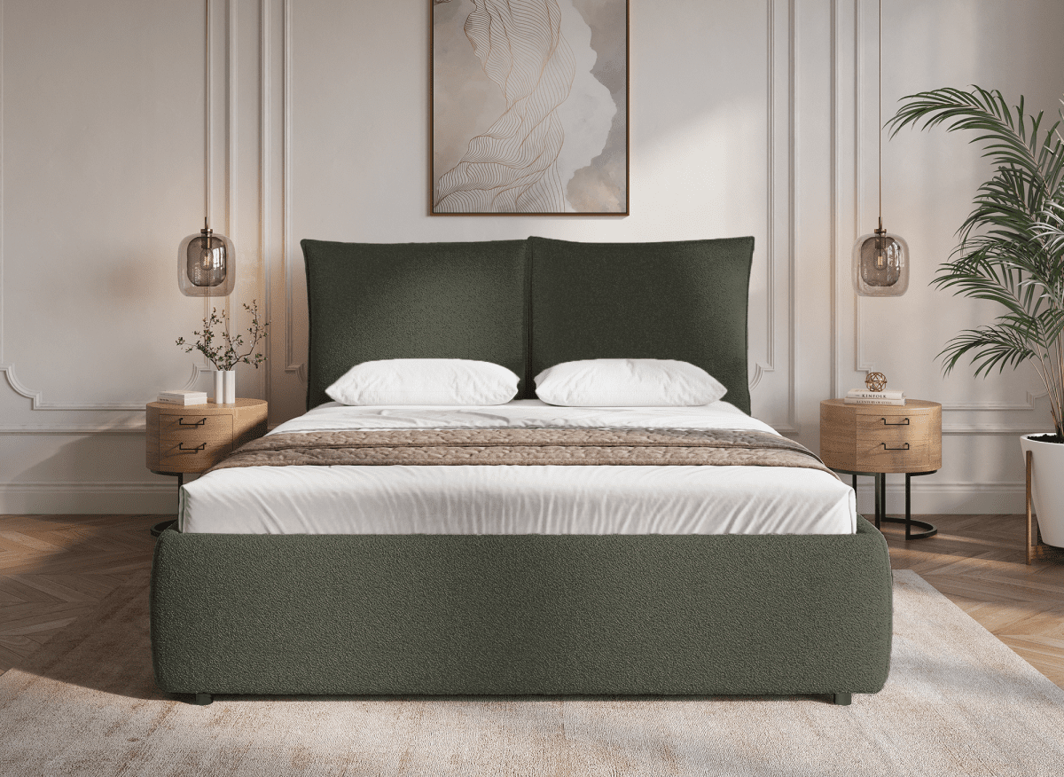 Lit coffre en tissu bouclette vert olive 140x190 cm MELY - DécoInParis