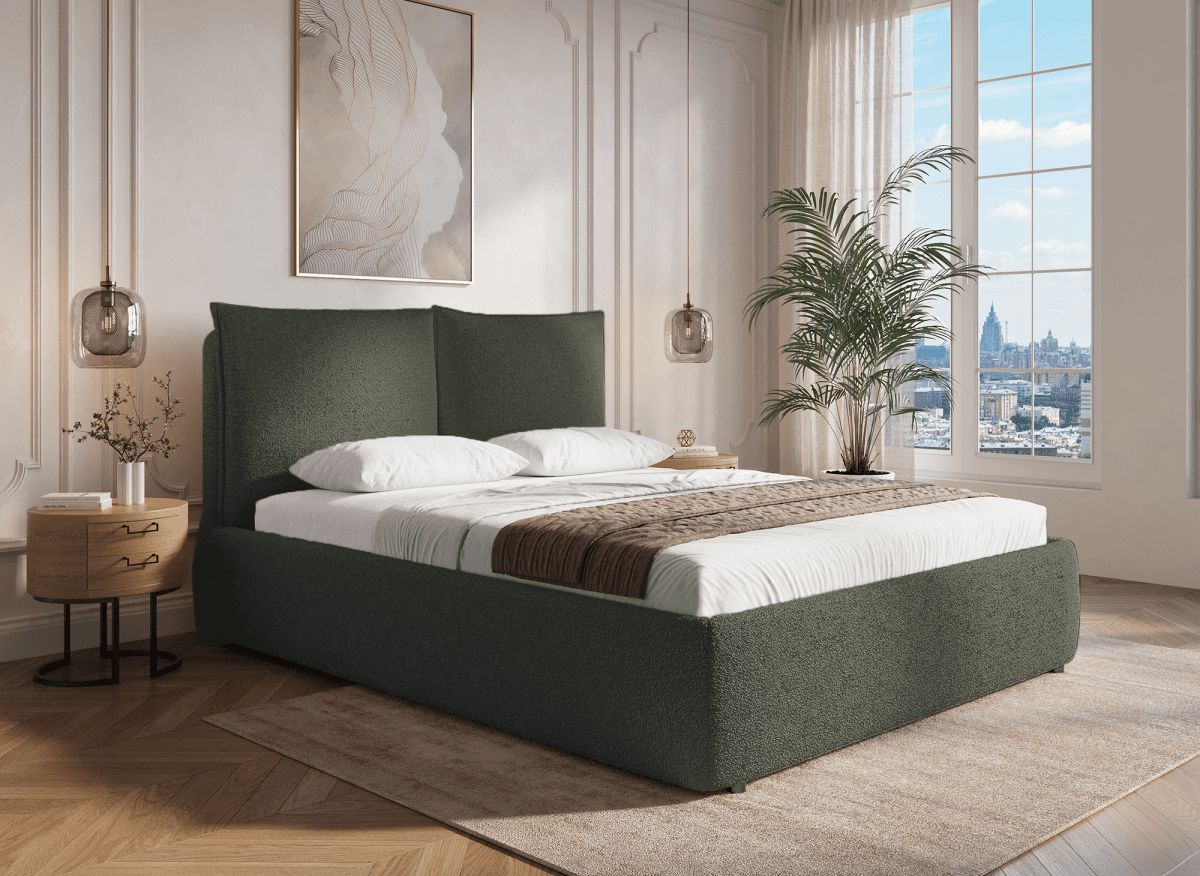 Lit coffre en tissu bouclette vert olive 180x200 cm MELY - DécoInParis