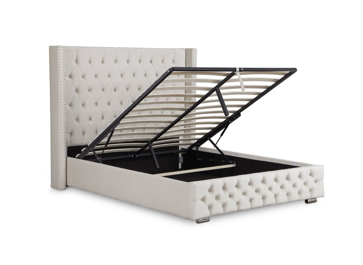 Lit coffre en velours beige 160x200 cm MAXI - DécoInParis