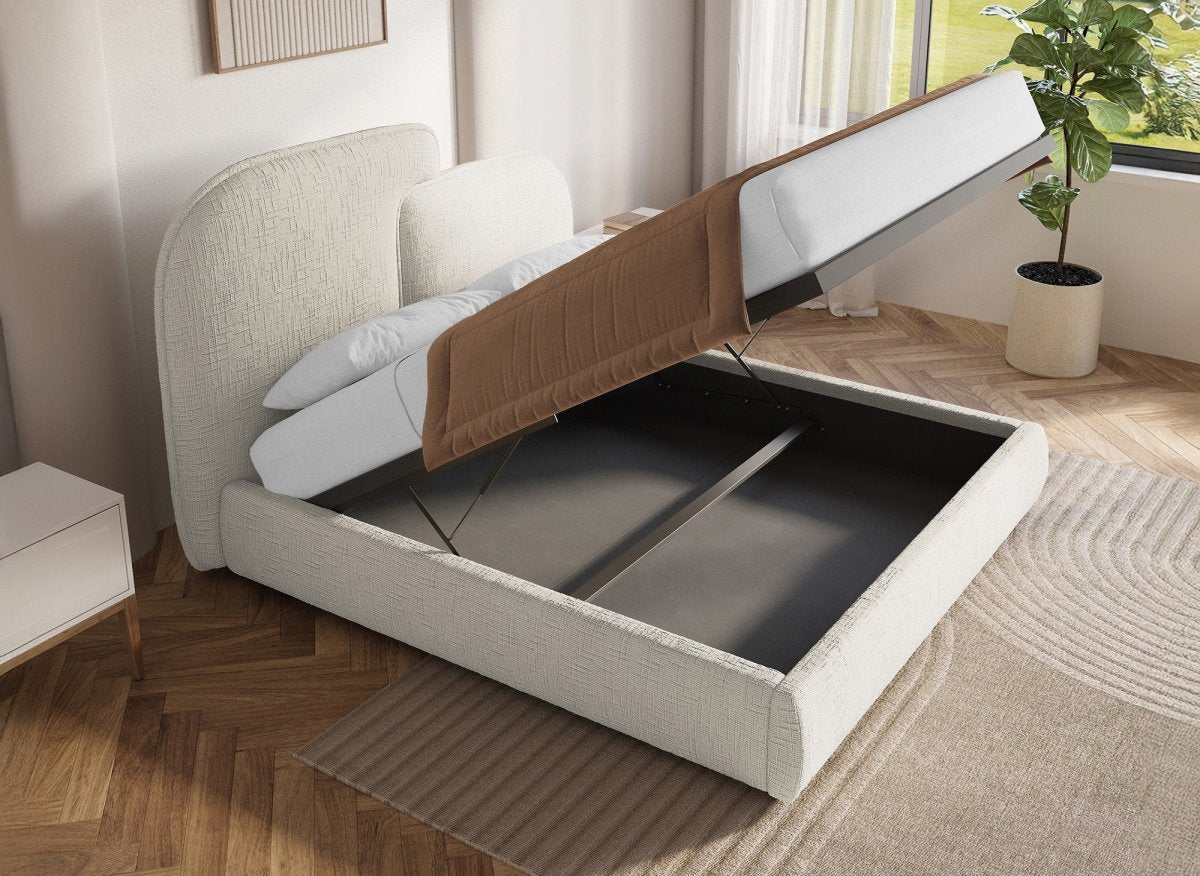 Lit coffre en velours chiné beige 140x190 cm MILENA - DécoInParis