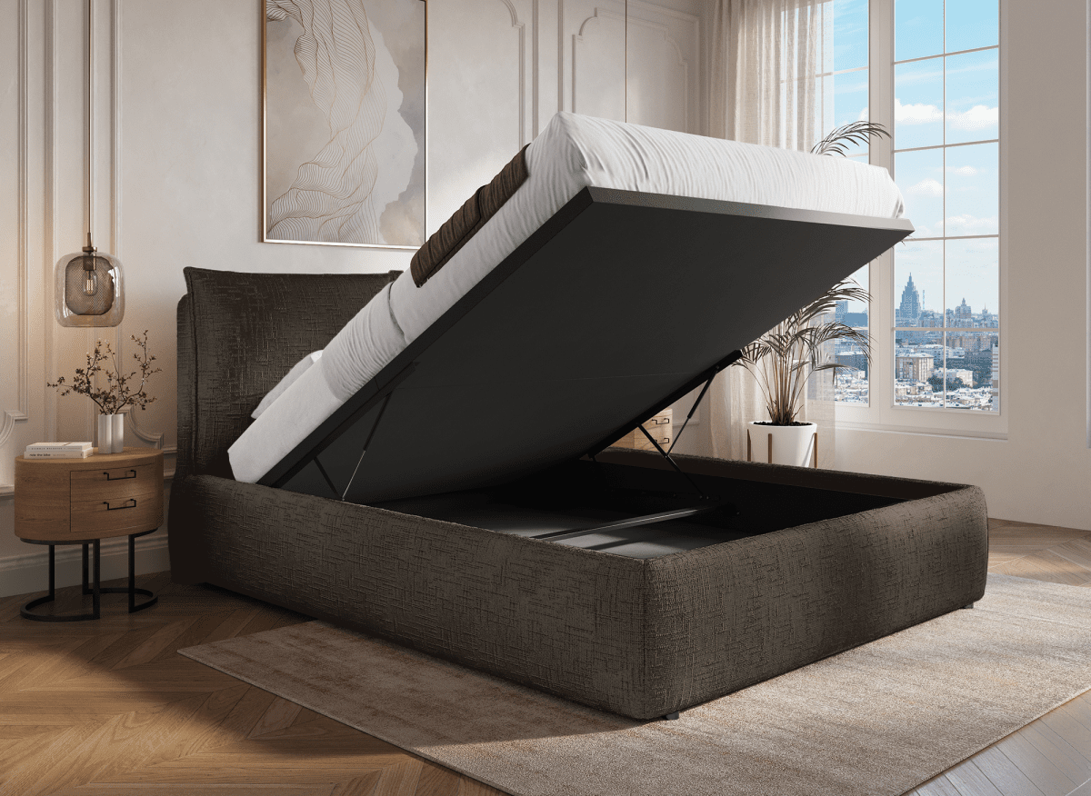 Lit coffre en velours chiné marron 160x200 cm MELY - DécoInParis