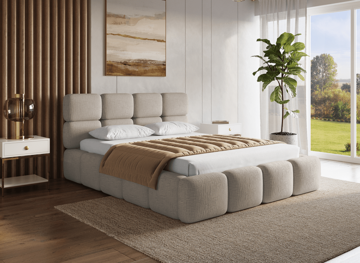 Lit coffre en velours chiné taupe 160x200 cm BUBBLE - DécoInParis