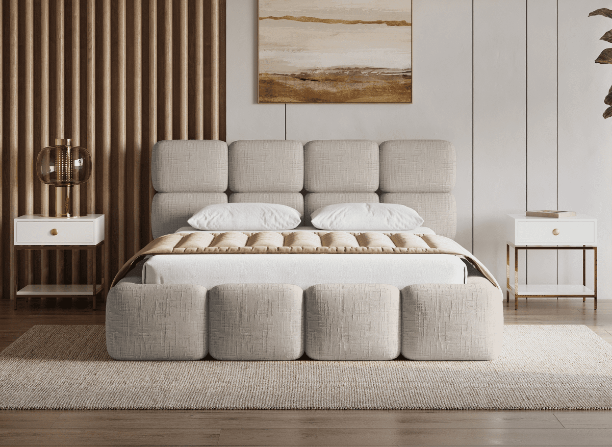 Lit coffre en velours chiné taupe 160x200 cm BUBBLE - DécoInParis