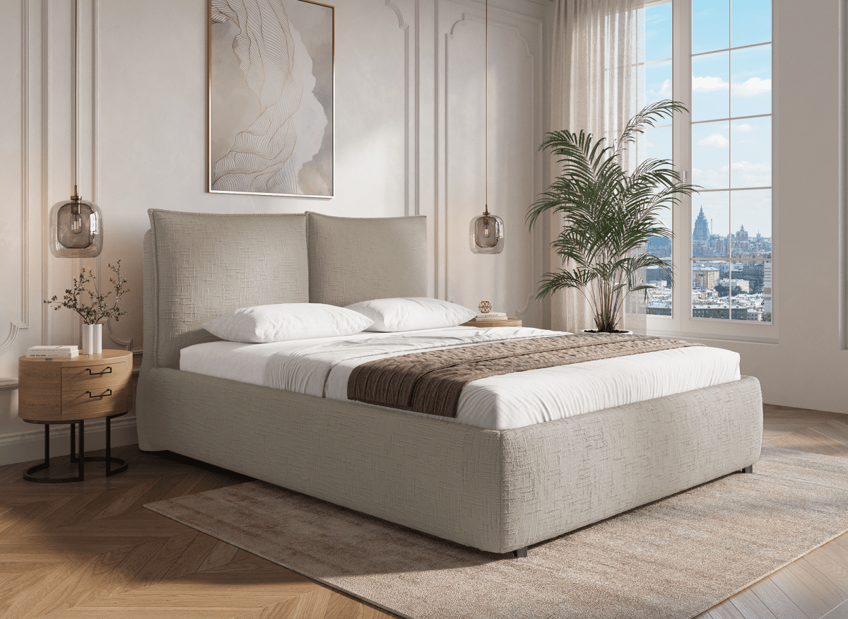 Lit coffre en velours chiné taupe 180x200 cm MELY - DécoInParis