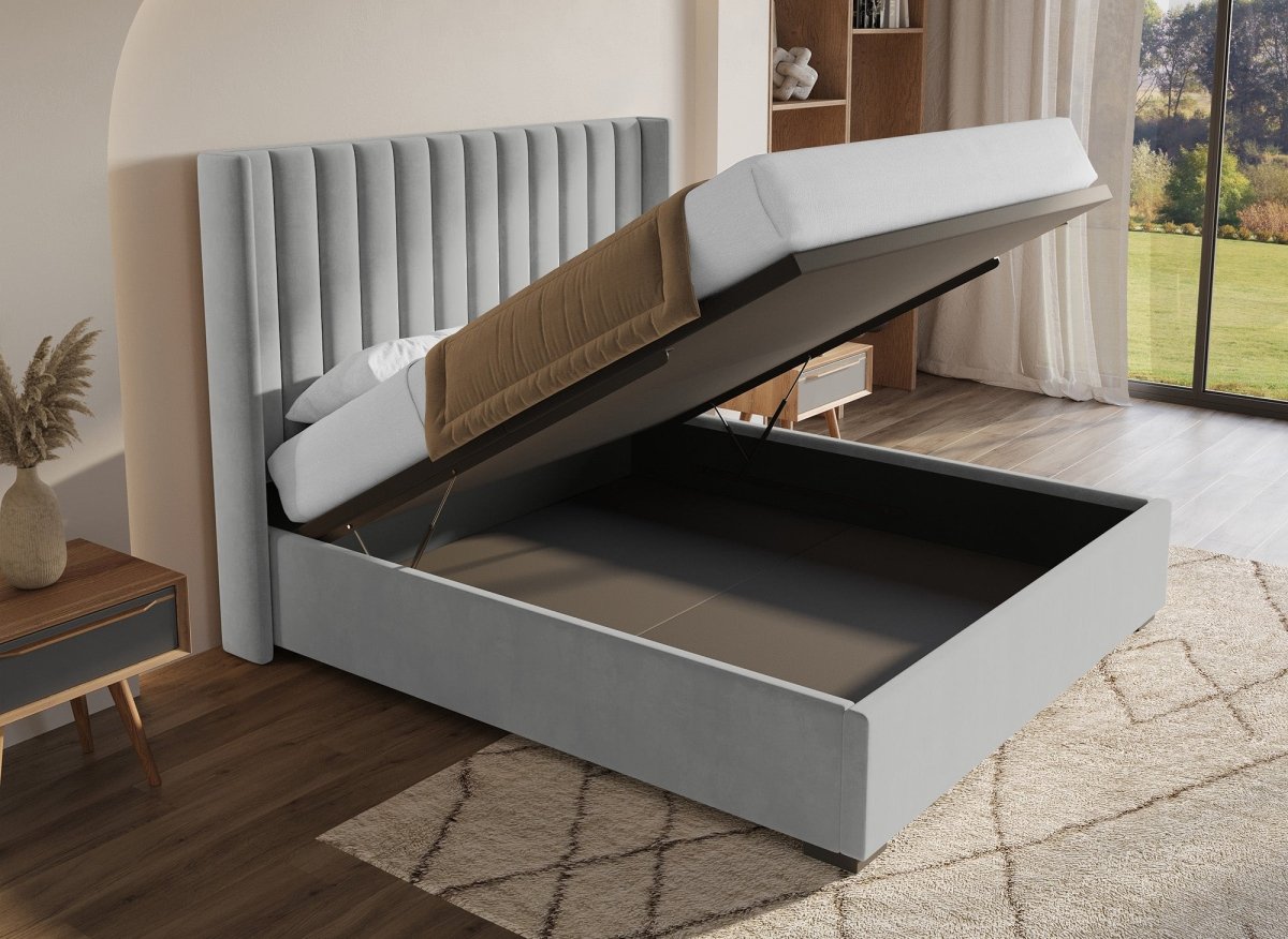 Lit coffre en velours gris 180x200 ALENA - DécoInParis