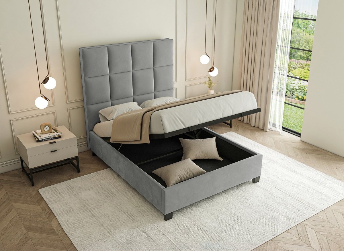 Lit coffre en velours gris design CAROLINE 140 x 190 cm - DécoInParis