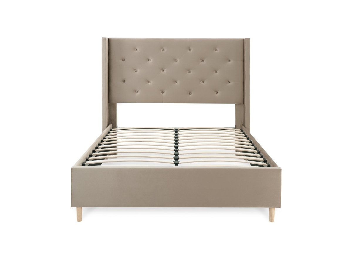 Lit double en velours capitonné en velours taupe MAREVA 160x200 cm - DécoInParis