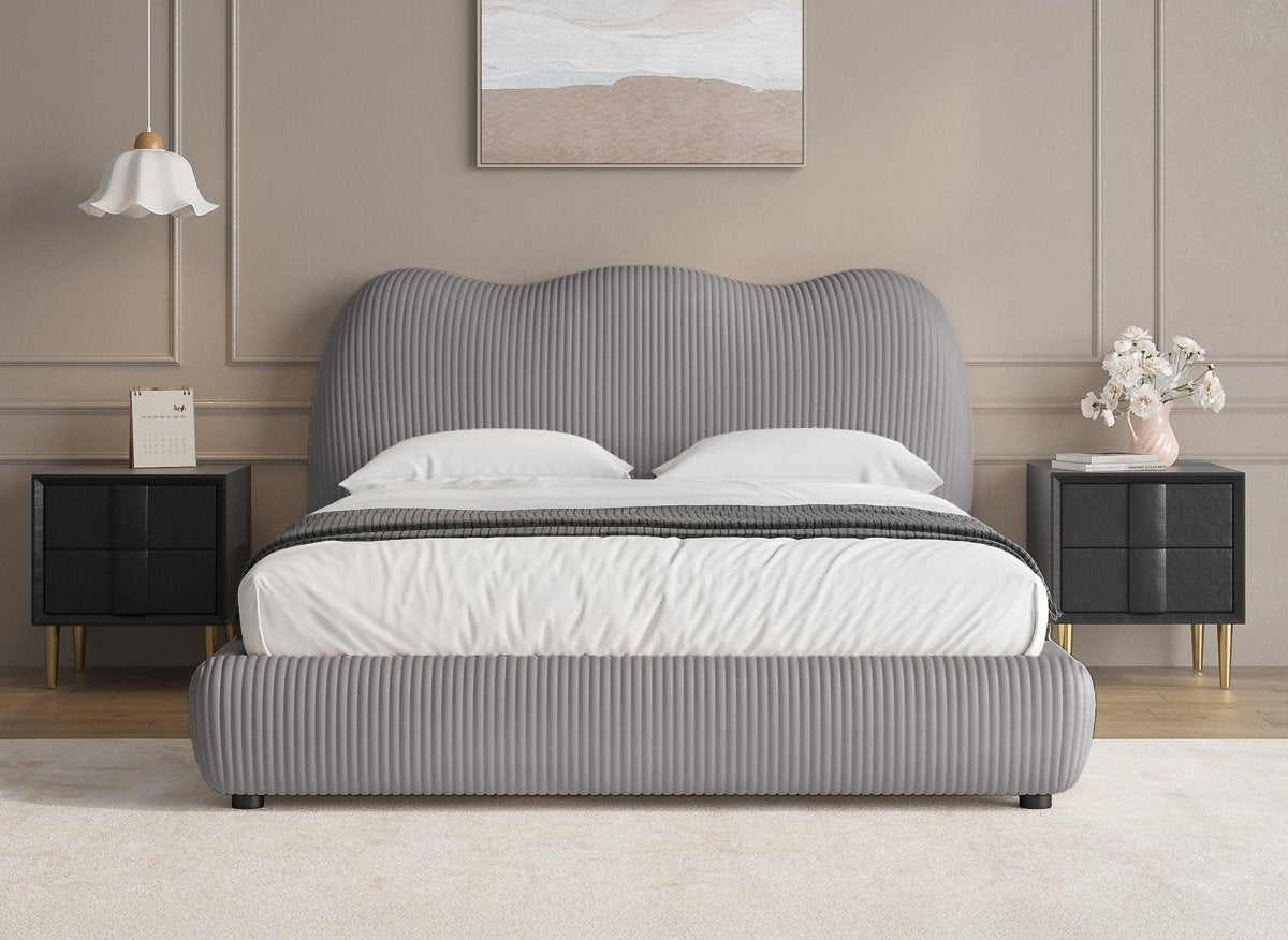Lit double en velours côtelé épais gris 180x200 cm SARA - DécoInParis