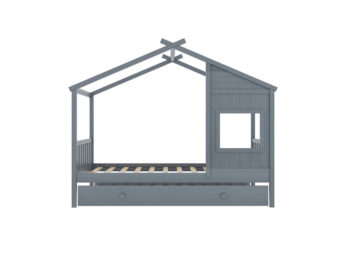 Lit gigogne cabane en bois gris 90 x 190 cm MILIO - DécoInParis