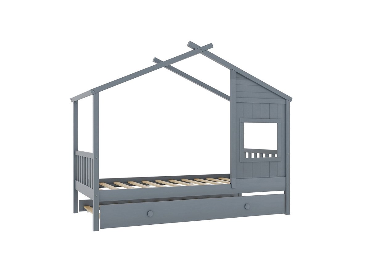 Lit gigogne cabane en bois gris 90 x 190 cm MILIO - DécoInParis