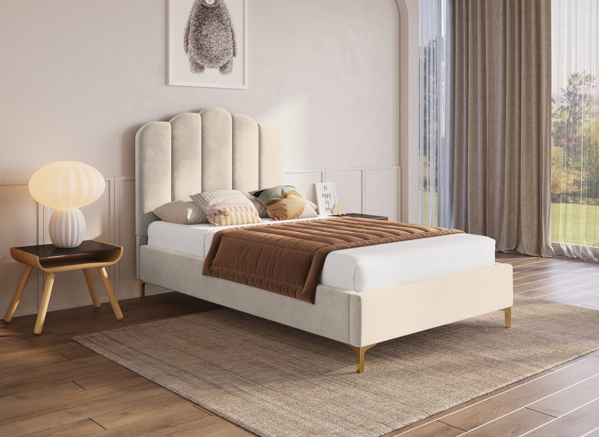 Lit simple en velours beige 90x190 cm MARION - DécoInParis