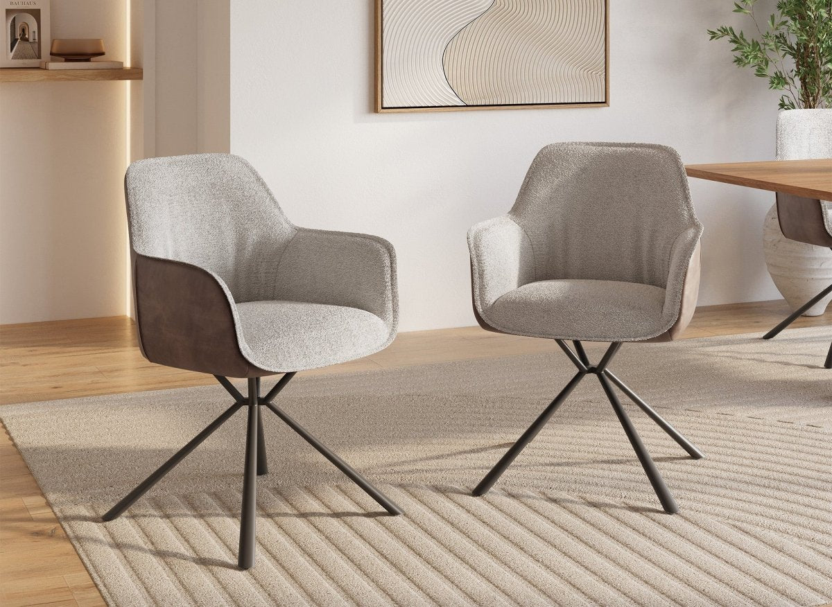 Lot de 2 chaises avec accoudoir en tissu bouclette beige et simili cuir marron PIRO - DécoInParis